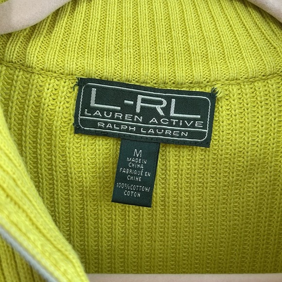 Lauren Ralph Lauren Active Sweater Womens MEDIUM Yellow Navy Cotton Knit 1/4 Zip - Picture 5 of 7